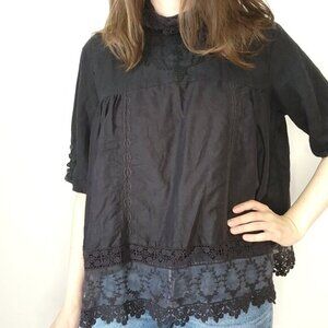 Ewa i Walla Black  Short Sleeve Loose Linen Blouse with Lace Accents